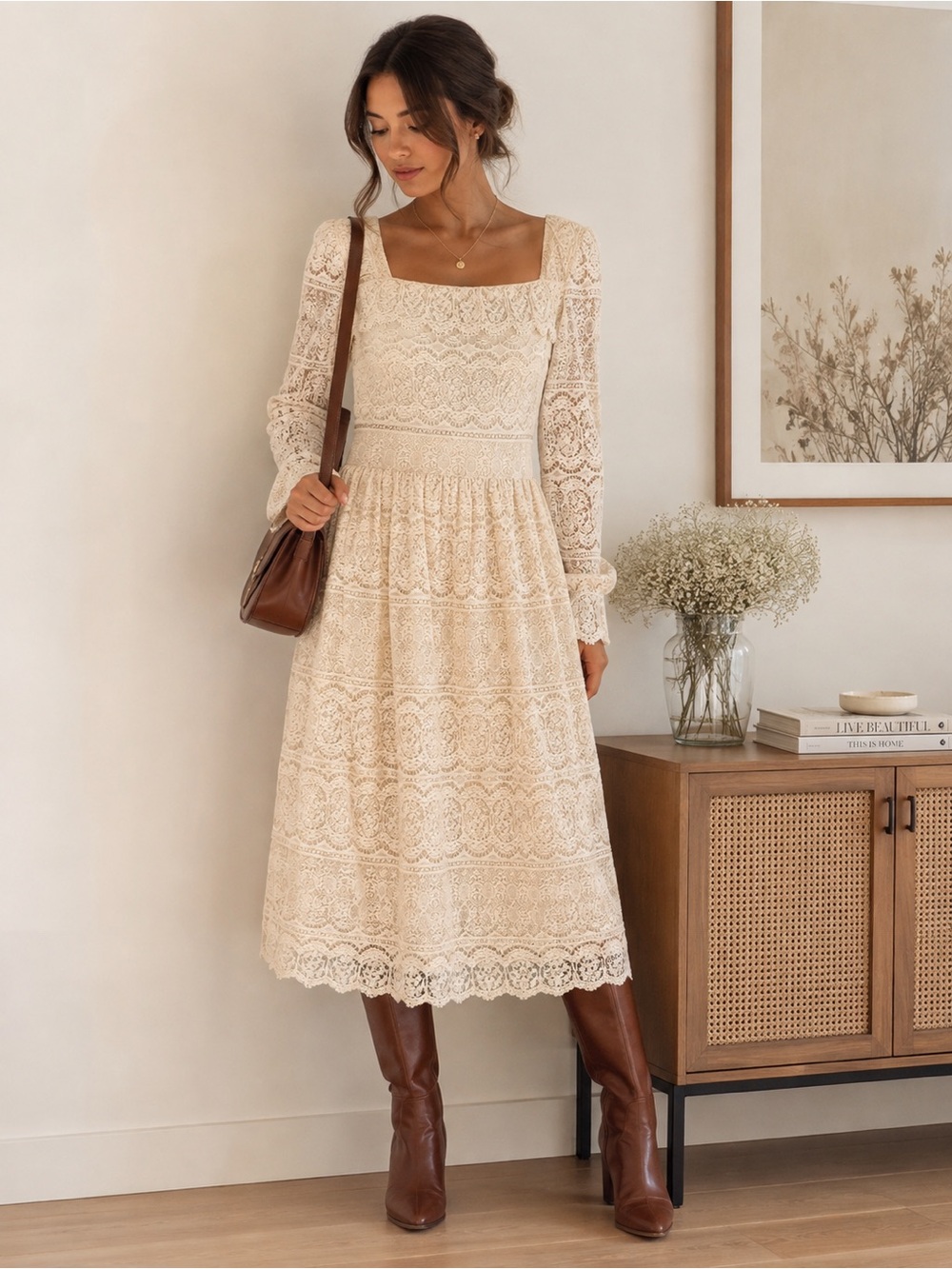 Vintage Ivory Lace Long Sleeve Maxi Dress